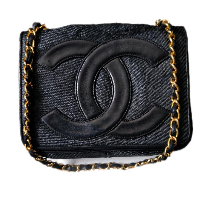Preloved Chanel full flap jumbo cc chain shoulder bag black raffia