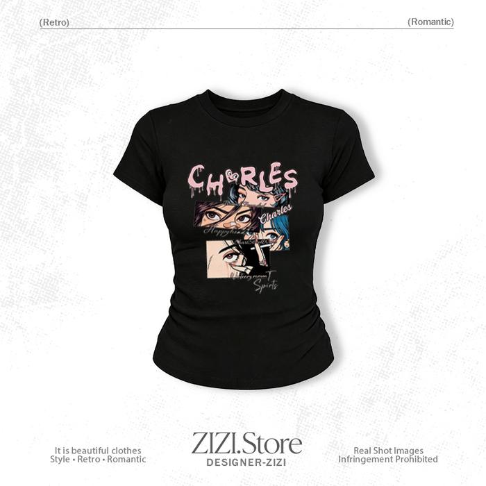 ZIZI Studio Kaos Wanita Slimfit Lengan Pendek Motif Kolase Wajah Gadis Komik Font Meleleh Anime Swee