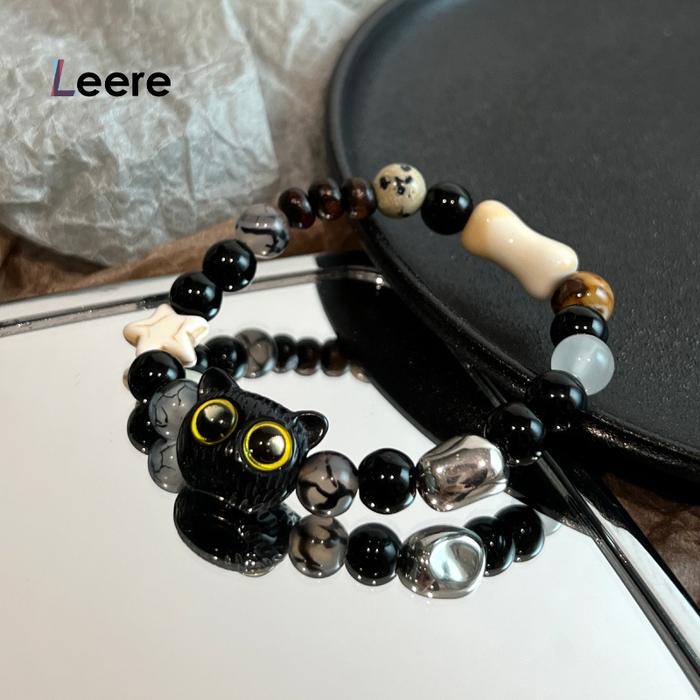 LEERE -Bintang Bintang Hitam dan Putih Gelang Pasangan Vintage Lucu Hitam Wijen Wijen Kucing Tali Ke