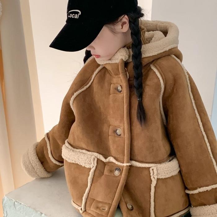 2025 Girls Sherpa-Lined Jacket Winter Fleece-Lined Korean Fashion Casual Hooded Coat with Faux Fur T