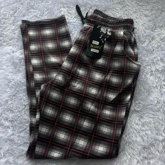 Celana fashion mawi kotak Melar Katun Motif Karet Lembut Polyester Nyaman Panjang Wanita Santai jala