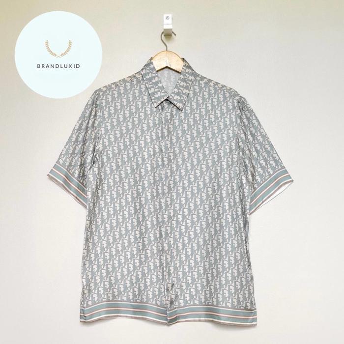 Dior Mens Silk Shirt in Beige / Sage & Beige / Brown Oblique