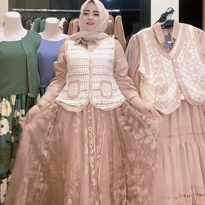 Gamis Setrompi Lepas Brokat Rajut Mewah Muslimah Elegan Motif Daun Hijau Tua Topi Hijab Hijau Muda T