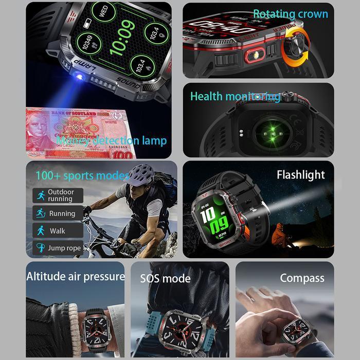 2024 Jam Tangan Pintar Pria Outdoor Military Ip68 Tahan Air Fitness Tracker Compass Money Detection 