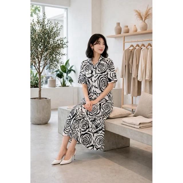 DRESS CORAK BUNGA KATUN POPLIN LD120cm / DRESS PANJANG OVERSIZE FASHION KOREA