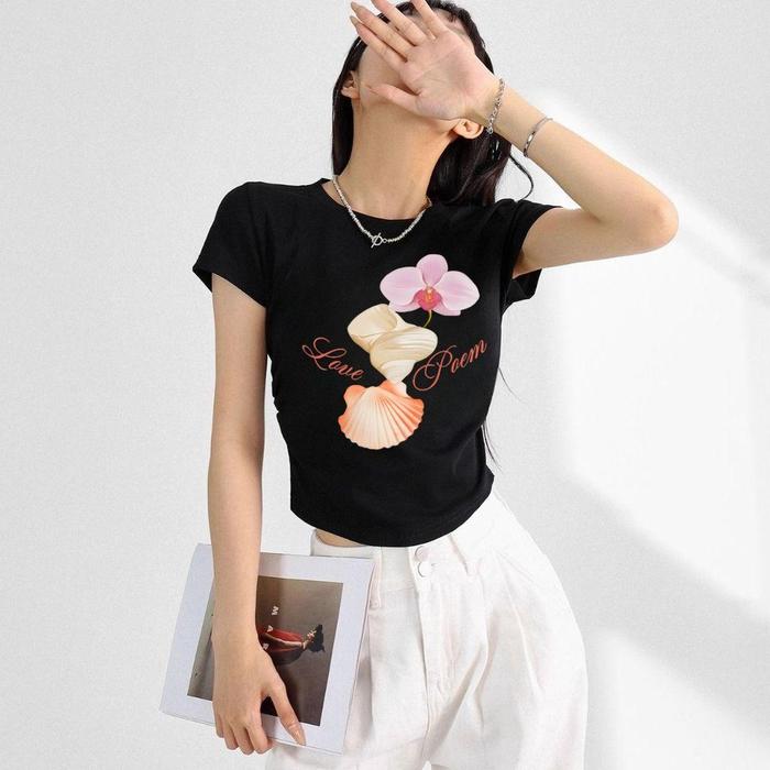 JKTEE Ruched Crop Tee -ove poem flower- | Kaos Ruched Crop Top Serut Premium Wanita Crew Neck Slim-F