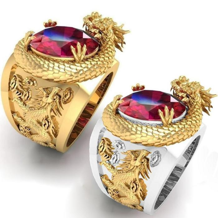 Cincin Naga Totem Perak Emas Warna Emas Pria yang Dipersonalisasi Cincin Naga Naga Emas Kristal Buat