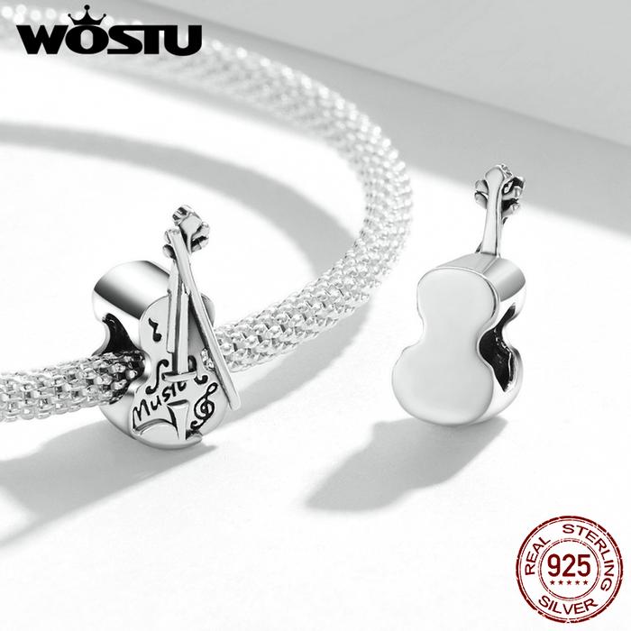 Wostu 925 Sterling Silver Vintage Bass Violin Music Guitar Charms Beads Pendant Fit Original Bracele