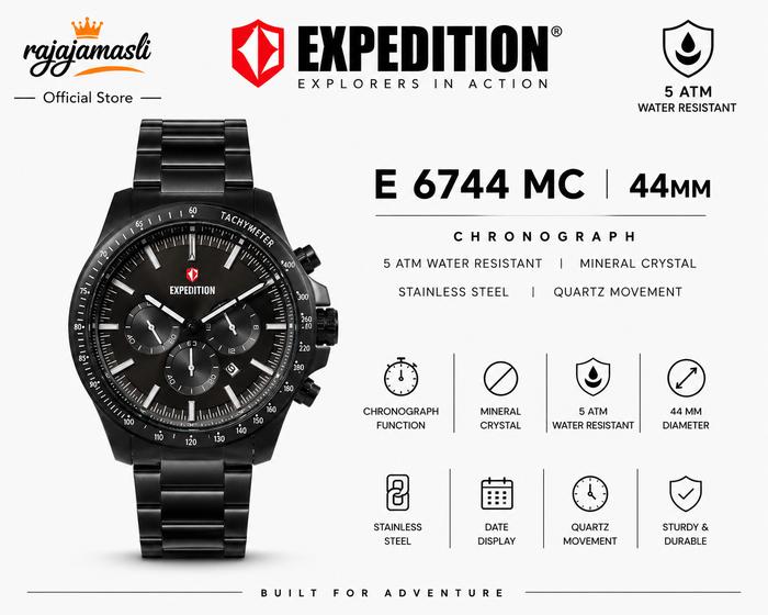 Expedition Chronograph E 6744 MC Jam Tangan Pria Black Dial Stainless Steel Strap 44mm Quartz 5 ATM
