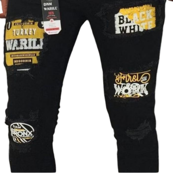celana jeans distro digital printing Pria Panjang Hitam Skinny Street Style Mesin Dicuci Nyaman Ripp