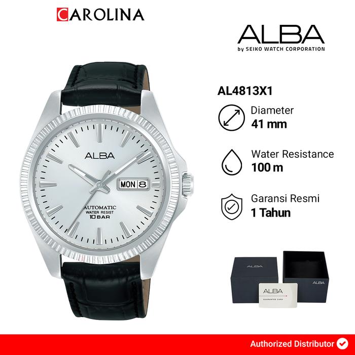Jam Tangan Pria Alba AL4813X1 Automatic Silver Dial Black Leather Strap