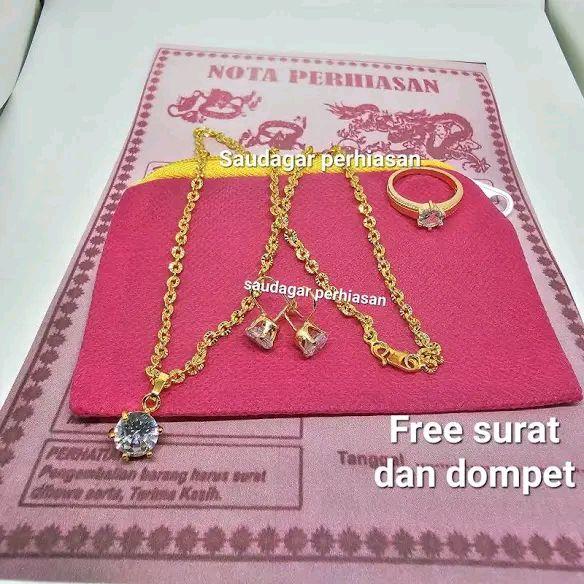 COD 1 Set Perhiasan Emas Muda Kadar 99.7Set Perhiasan Wanita Komplit Kalung Cincin Anting Berlapis E