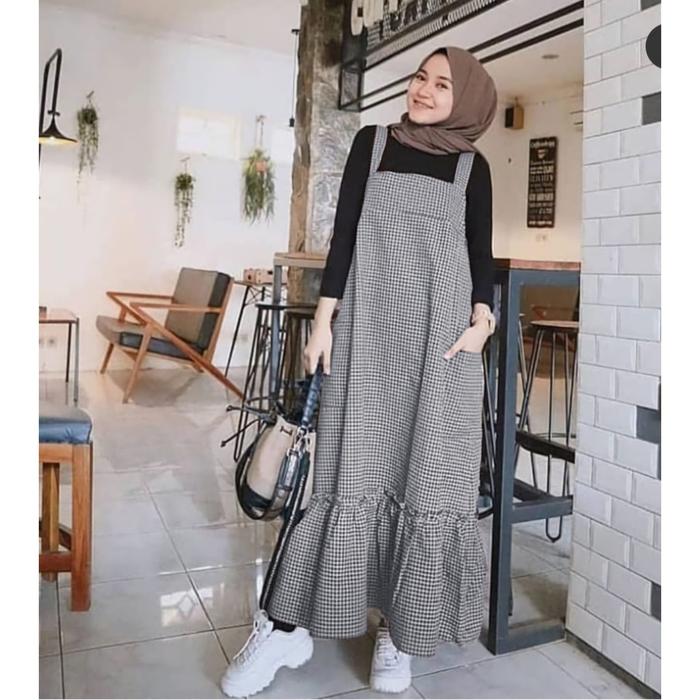 Square Overall Wanita Motif Kotak Kotak Square BEST SELLER Dress Muslim Katun Oxford Premium Abu Cre