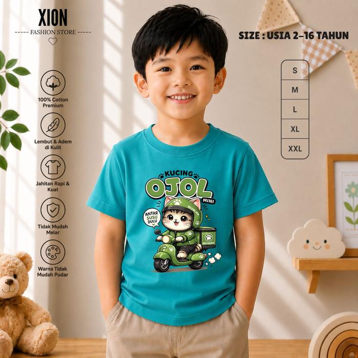 KAOS ANAK KUCING OJOL CAT LUCU UNIK KAOS ANAK LENGAN PENDEK KAOS ANAK VIRAL USIA 2-16 TAHUN UNISEX K