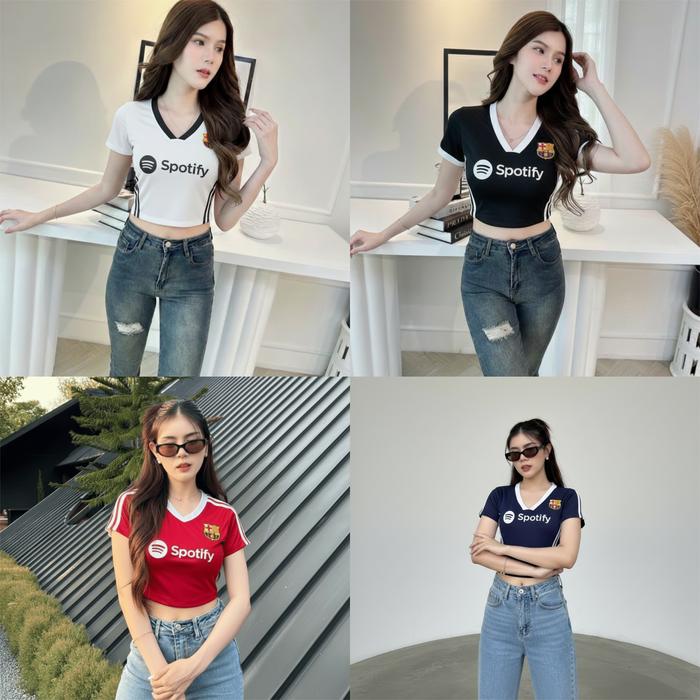 Crop Top Vneck Bahan Stretch Barcelona Wanita Barca - Fans Club Football Edition, Crop Body Fit Dari