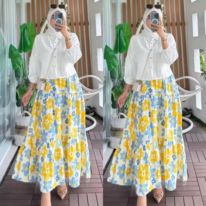 One Set Rok Rayon Atasan Crinkle Setelan Wanita Rayon Mix Crinkle Busui