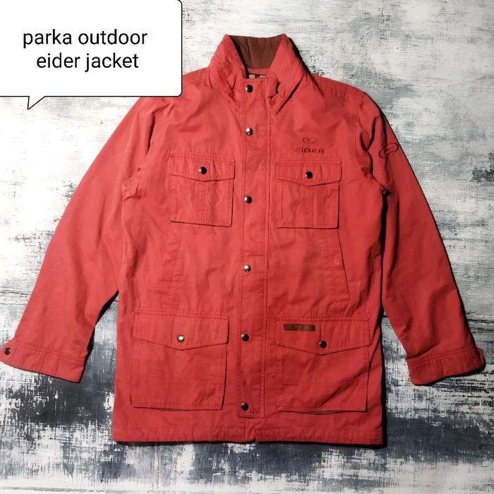 Parka Outdoor Eider Jacket Merah dengan Desain Praktis dan Tahan Lama untuk Aktivitas Luar Ruangan w