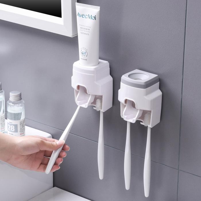 Automatic Toothpaste Dispenser Set Wall-Mounted Extruder Plastic No-Punch Lazy Man Toothbrush Holder