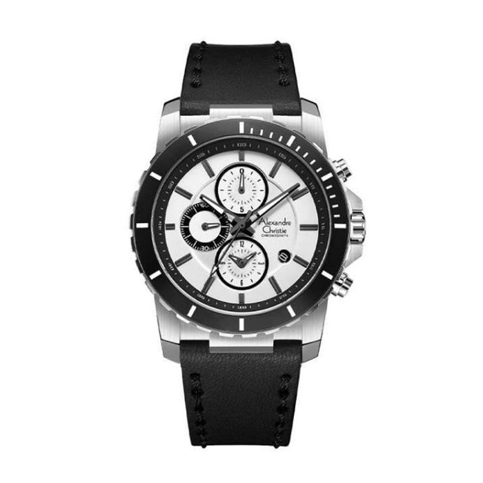 Alexandre Christie AC 6141 Silver White Black Leather Chronograph MCLSSSL Jam Tangan Pria Original d