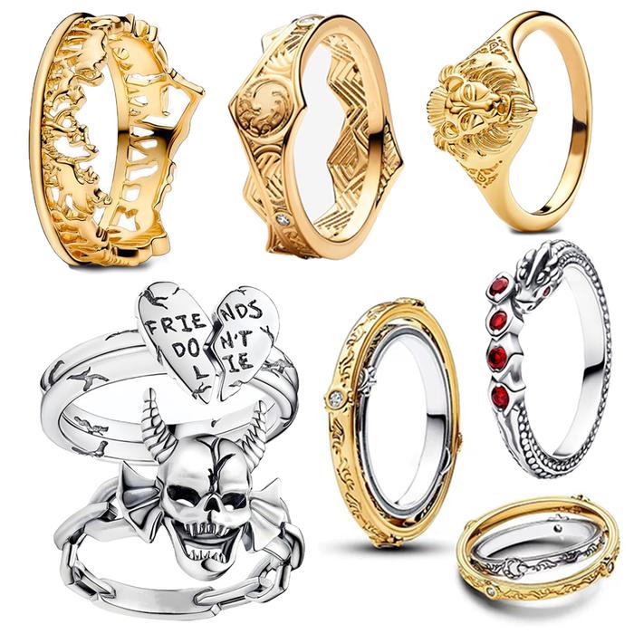 Gaming Style 925 Sterling Silver Golden Crown&Lion&Split Rune Heart&Skull&Double Layered Dragon Ring