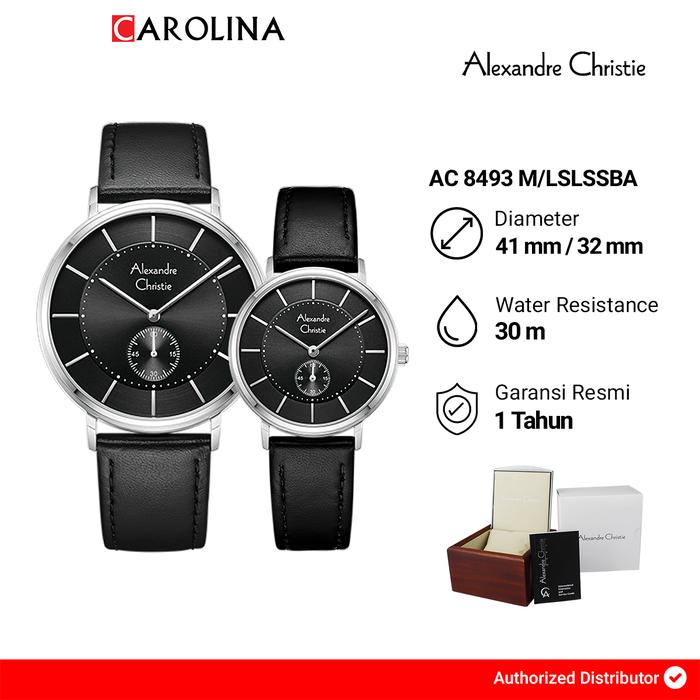Jam Tangan Couple Alexandre Christie Classic AC 8493 M/LSLSSBA Black Dial Black Leather Strap Watch