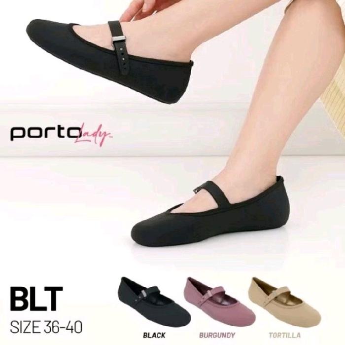 Porto Lady BLT Sepatu Karet Plat Shoes Wanita Terbaru Motif Pakai Gesper Ukuran 36-40 Warna Hitam Bu