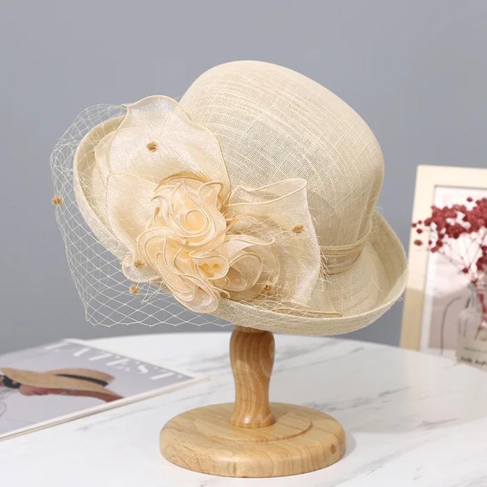 Summer Women's Sun Hat Floral Embellished Veiled Brim British Style Lady's Cool Cap Fashionable Base