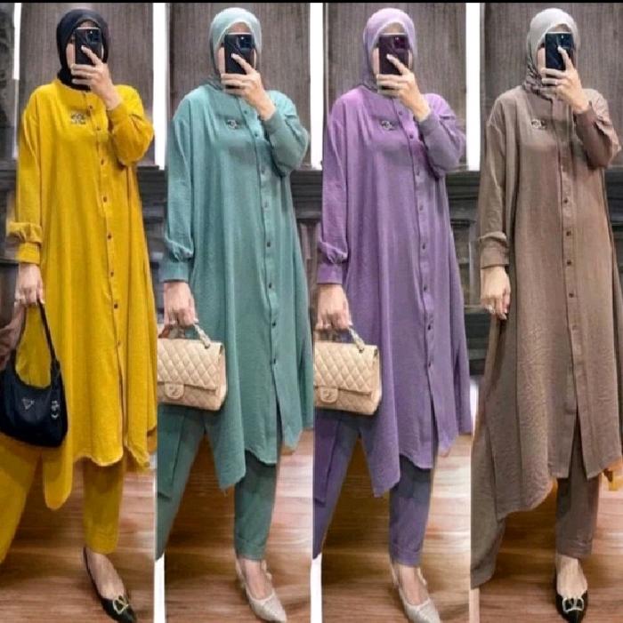 Set Verona Crinkle Jumbo Terbaru - Long Tunik dan Celana Panjang untuk Wanita Muslim - Baju, Katun, 