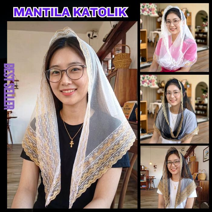 Mantila Katolik Putih Hitam Wanita Kain Kerudung Tudung kepala Selendang Doa Veil Pashmina Devosi Be