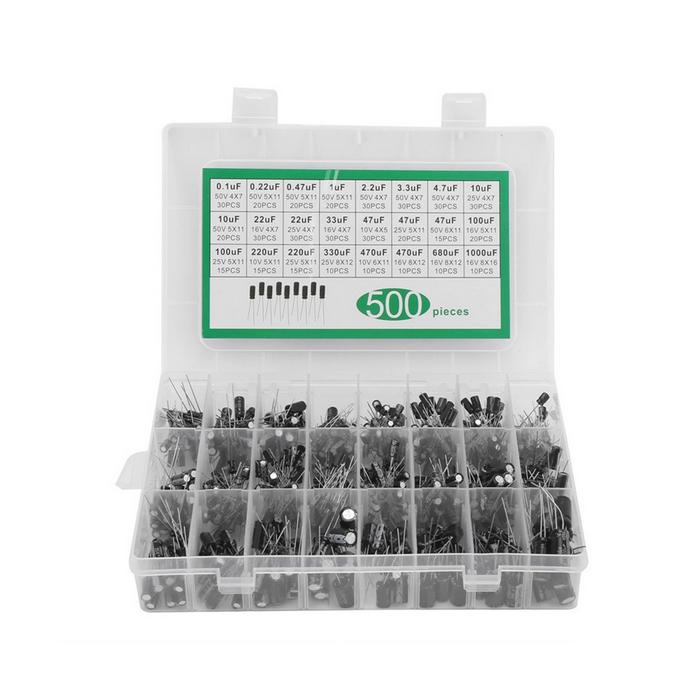 500PCS 0.1UF-1000UF In-Line Electrolytic Capacitors Sample Kit 16V-50V