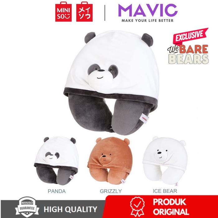 Miniso Bantal Leher We Bare Bears Bantal Lucu U-shaped Travel Pillow Bantal Dengan Topi Boneka Banta