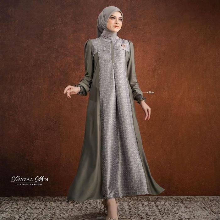Nayzaa Midi Dress ORI by Nadheera Luxury - Gamis Wanita Silk Emboss Premium X Rayon Premium Wudhu Fr