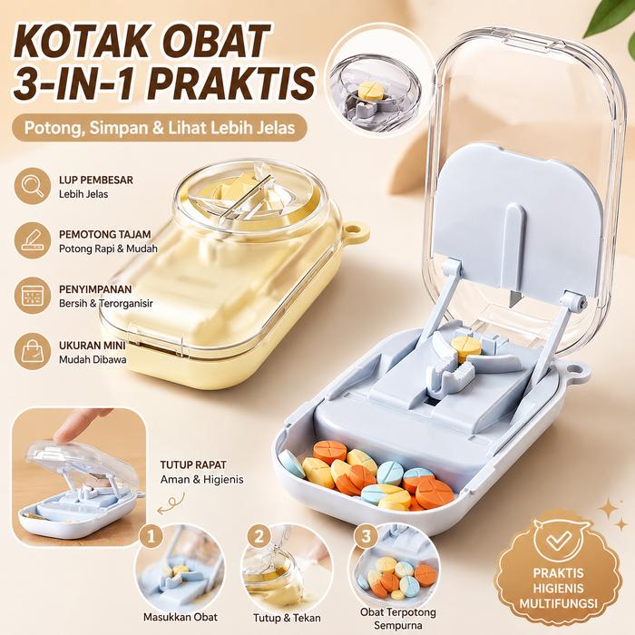 3in1 Tempat Obat Alat Pemotong Obat Tablet Alat Pemecah Obat Penyimpanan Obat Mini Box Organizer Pil