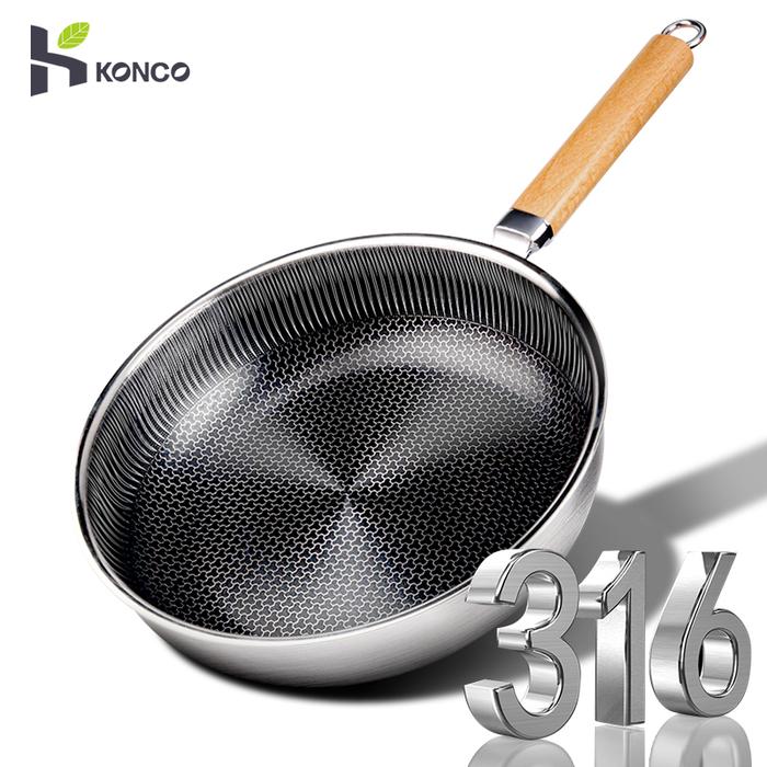 316 Stainless Steel Frying Pan,Non Stick Household Steak Frying Wok
