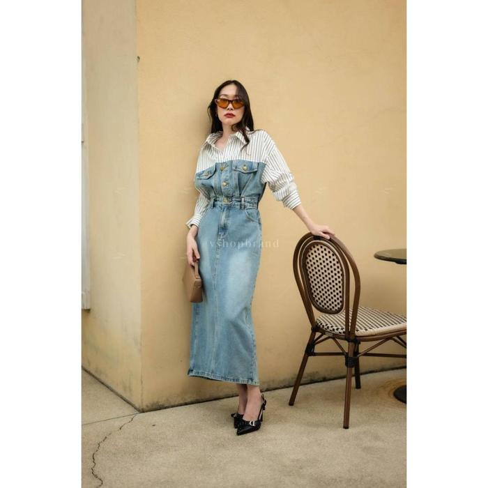 Jeans dress decorated with striped shirt fabric