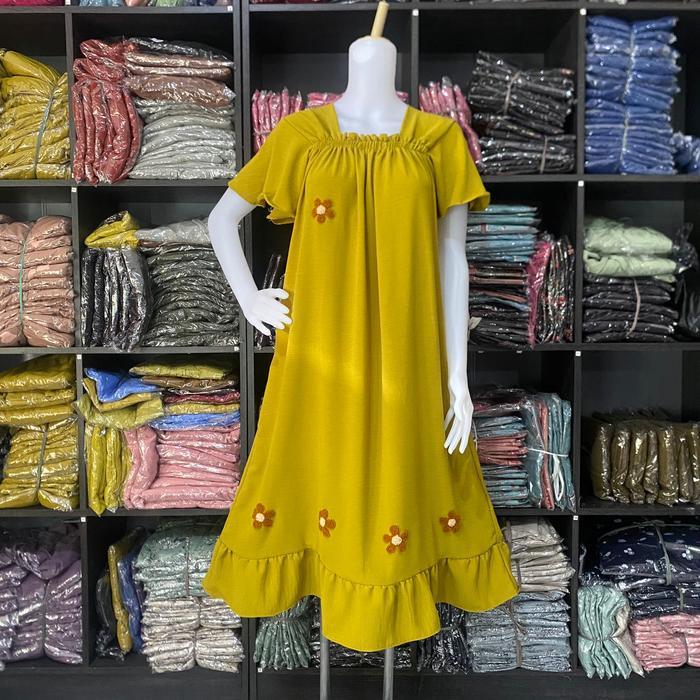 Homedress Pom-Pom Daster Fuji Pendek Selutut Bahan Crinkle Kekinian Wanita Busui