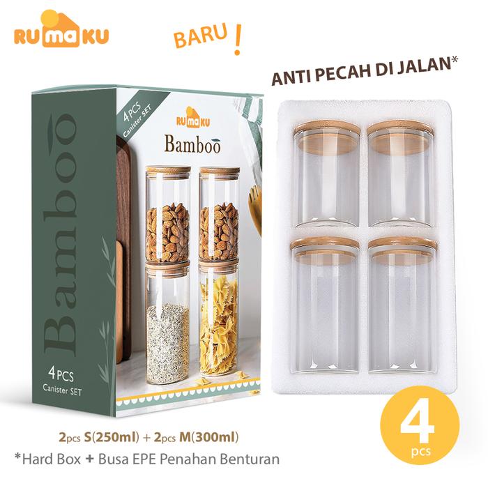 Rumaku Toples Bumbu Kue Kering Kacang Snack Serbaguna Bahan Kaca Tutup Bambu Kedap Udara Set 4 Pcs