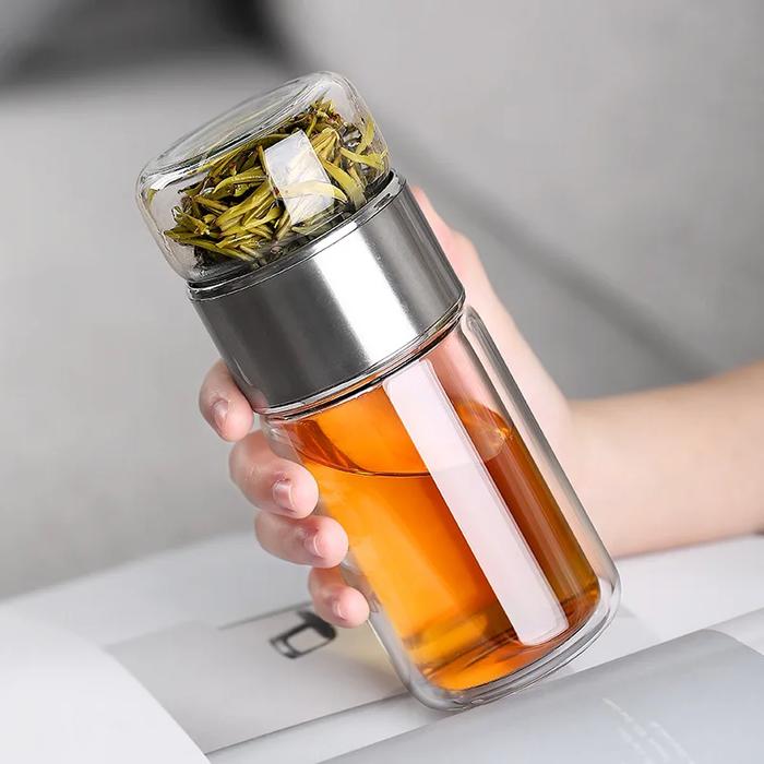Glass Water Bottle With Tea Infuser Filter Tea Separation Double Wall