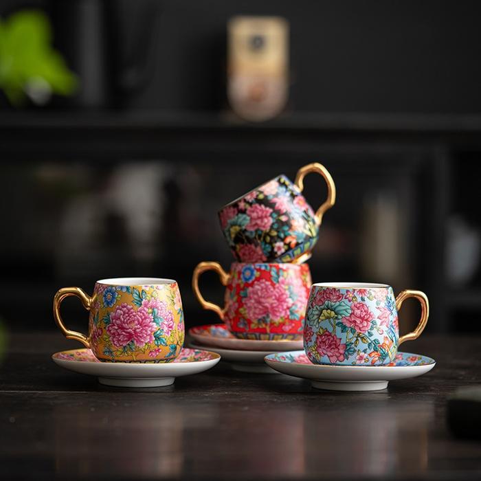 Cangkir kopi keramik Enamel, cangkir teh Vintage dan piring, Set