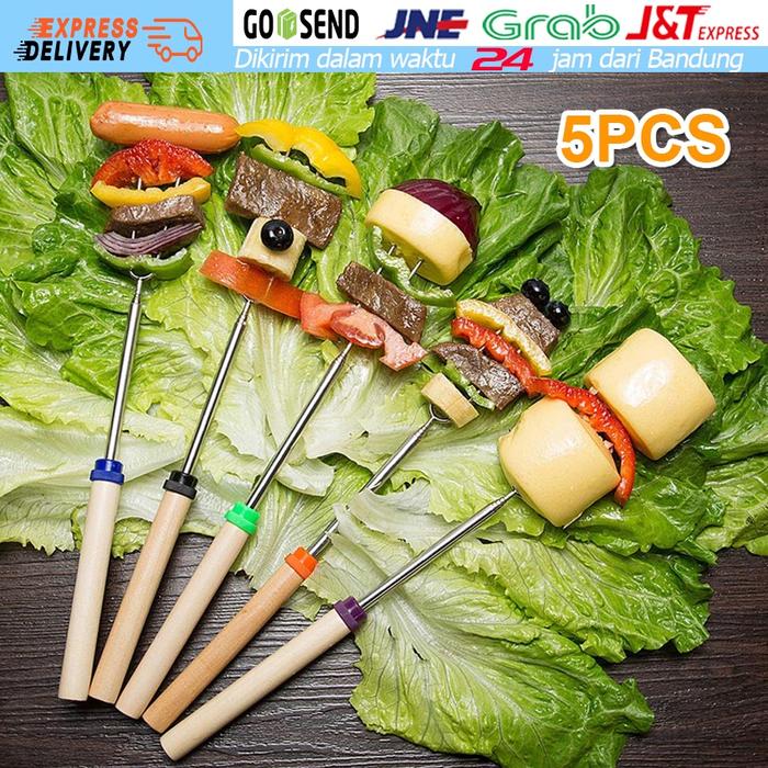 5Pcs/Set Garpu Extendable Daging Barbeque /BBQ Tusuk Daging Garpu / Stainless Kayu Handle Garpu