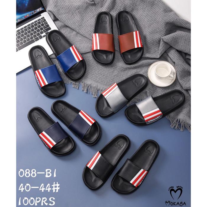 Sandal Slop Pria Motif Garis Merah Putih Super Keren Kece Trendy Import Mokaya / Size 40-44 (088-B1/