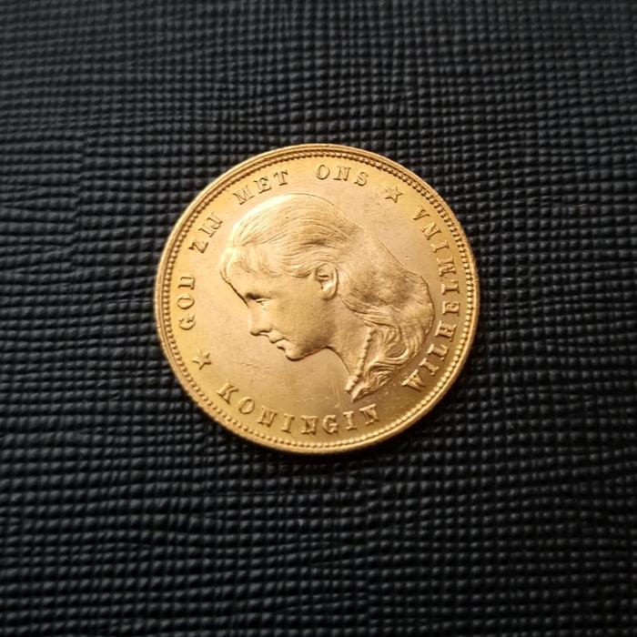 Koin Kuno Netherlands Wilhelmina Long Hair 10 Gulden 1897 Emas