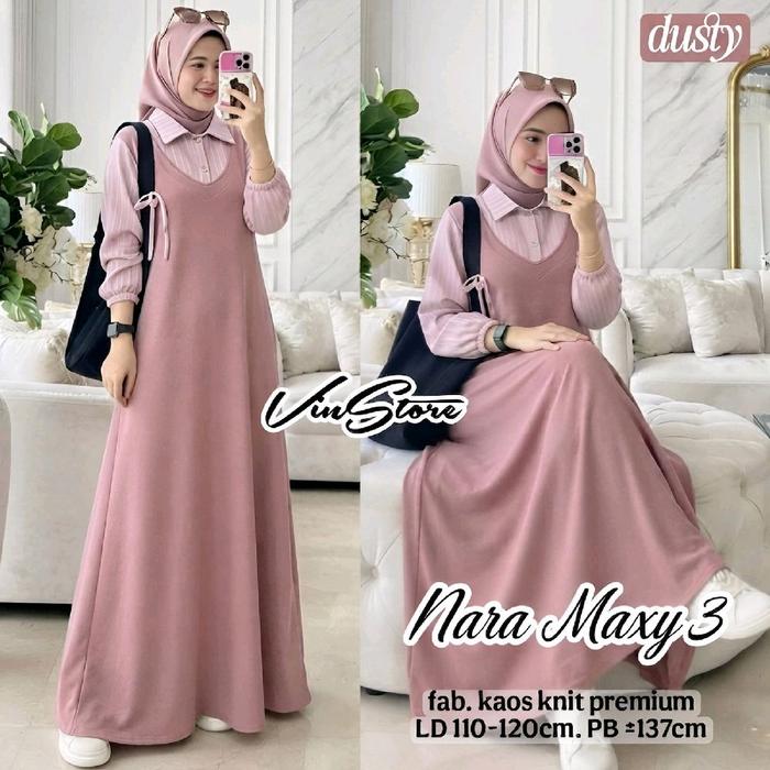 Nara Maxy 3 - Gamis Maxi Wanita Bahan Kaos Knit Premium LD 110-120cm PB 137cm VinStore