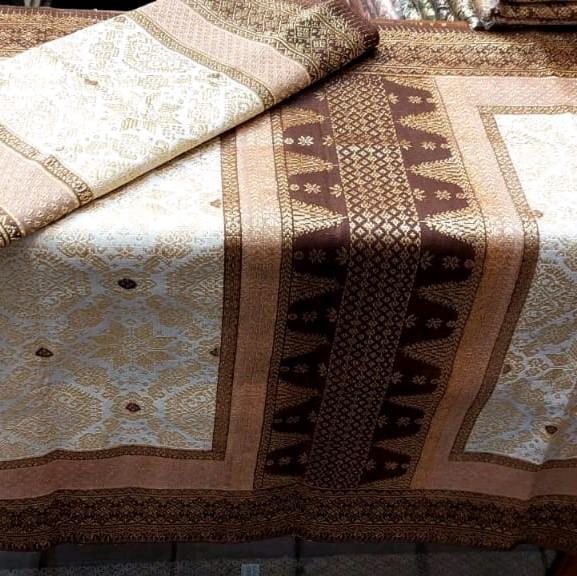 SONGKET LEPUS DIMENSI 5 NEGERI    BAHAN DASAR SUTRA GEBENG   BENANG KRISTAL SILVER ORI    WARNA PUTI