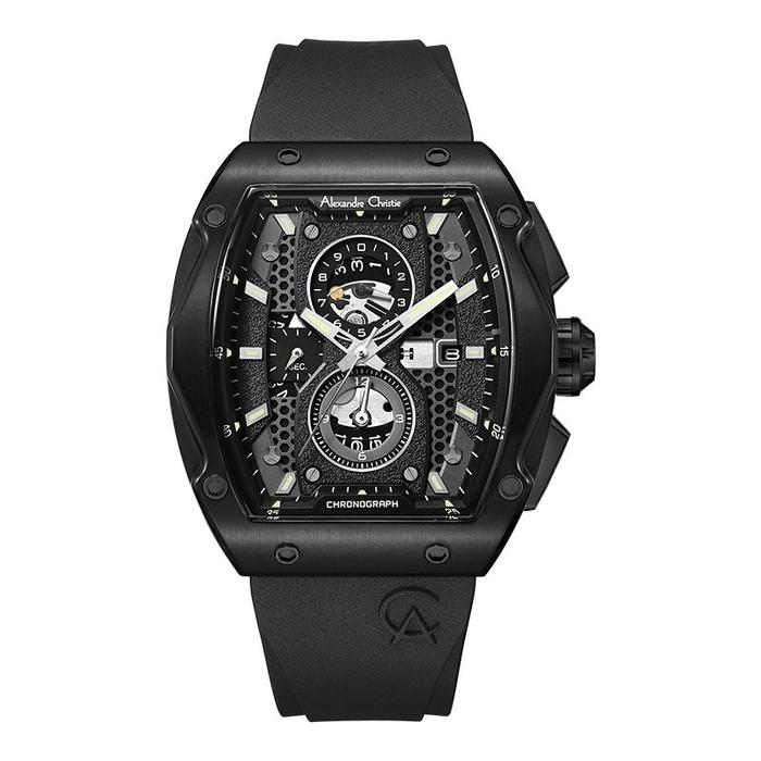 JAM TANGAN PRIA ALEXANDRE CHRISTIE AC 6608 MC RIPBA��CHRONOGRAPH MEN BLACK DIAL BLACK RUBBER STRAP