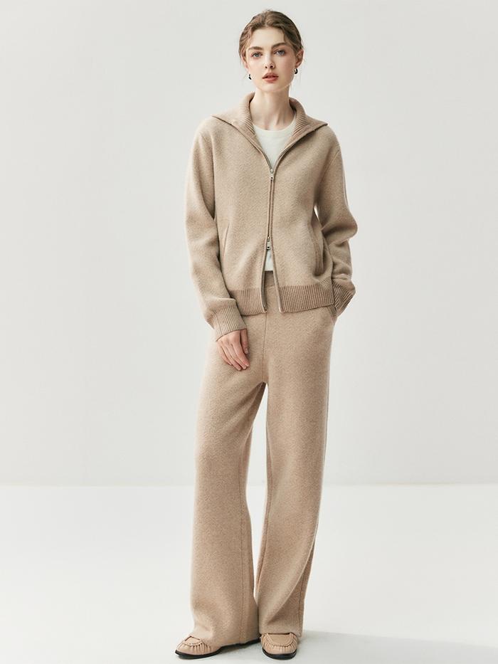 CHICUU Luxury Women 100% Cashmere Cardigan Wide Leg Pant Set Thick Warm Zipper Cardigan Coat Long Tr