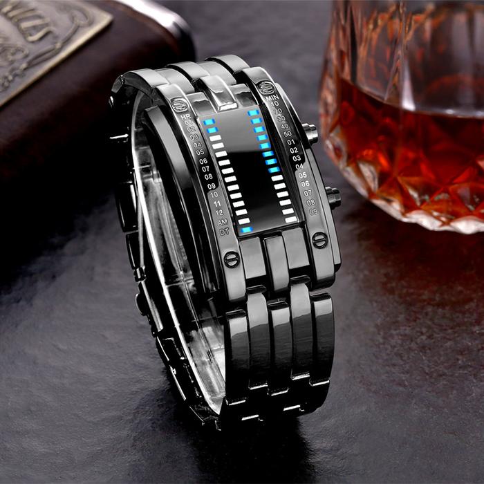 J88 FNGEEN Jam Tangan Pria Digital Biner LED Ironman Fashion Keren Digital Bercahaya Stainless Steel