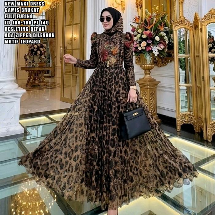 ORI BY SHR!!NEWW!!Ready!! Gamis Leopard Brukat Ori SHR Maxi Dress Wanita Motif Pesta