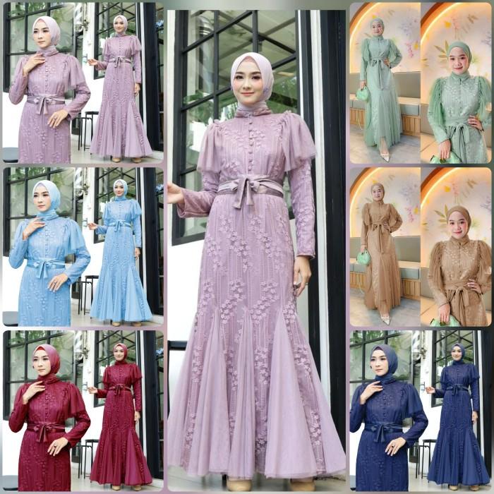 Dress Maxi Gamis Flora Navy Taro Hijau Olive Brokat Tile Orchid Busui
