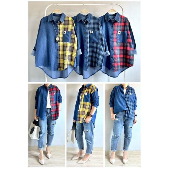 Atasan Kemeja Jeans Import Kombinasi Katun Flanel Kotak New LuBaNa#6686